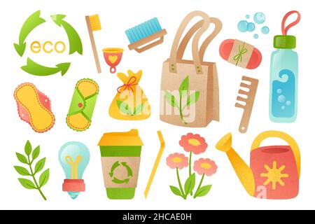 Kit écologique durable zéro déchet, recyclez les produits.Protection écologique, style de vie écologique, sans plastique.Sacs à provisions réutilisables, brosses et flacons, articles d'hygiène, savon, tasse thermo.Illustration vectorielle Illustration de Vecteur