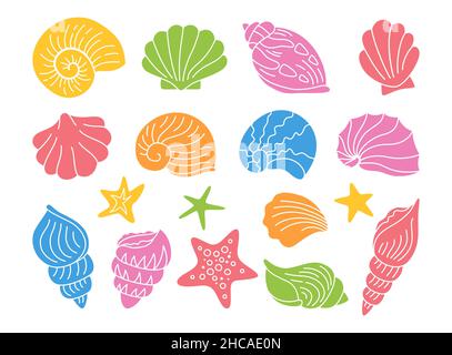 Ensemble de pochoirs à timbres en coquillages multicolores.Coque marine, mollusque en spirale d'étoiles de mer, marque de puits de conques.Collection d'impression d'éléments de conception sous l'eau tropicale.Illustration vectorielle océanique pour impression Illustration de Vecteur