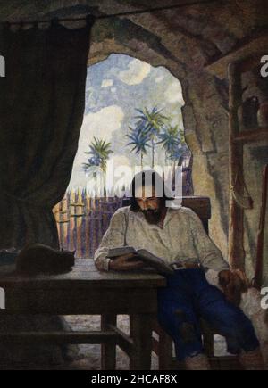 La légende de cette image de NC Wyeth qui accompagne l'histoire de Robinson Crusoe par Daniel Degoe se lit comme suit : « le matin, j'ai pris la Bible et, à partir du Nouveau Testament, j'ai commencé sérieusement à la lire. »Robinson Crusoe est un roman écrit par le romancier anglais Daniel Devoe et publié en 1719.Une autobiographie fictive, elle raconte l'histoire d'une castaway anglaise nommée Robinson Crusoe (vu ici avec son chien et son chat) qui a passé 28 ans sur une île tropicale éloignée près du Venezuela avant d'être sauvé.Newell Convers Wyeth, connu sous le nom de N. C. Wyeth, était un artiste et illustrateur américain.Il Banque D'Images