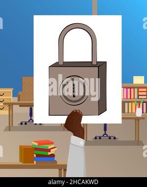 Bandeau de main avec icône cadenas.Homme montrant un panneau d'affichage.Sécurité, concept de sécurité. Illustration de Vecteur