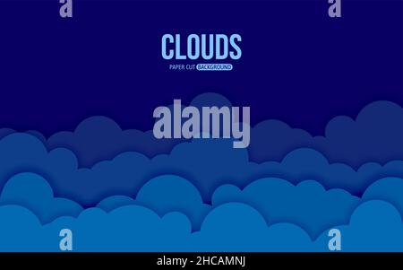 Papier nuagé bleu ciel plat.Carte postale de fond d'écran volumétrie de dessin animé.Nuit sombre artisanat origami moderne horizontal 3D fond.Illustration du vecteur de nouvelles de l'invitation de bonne météo Illustration de Vecteur