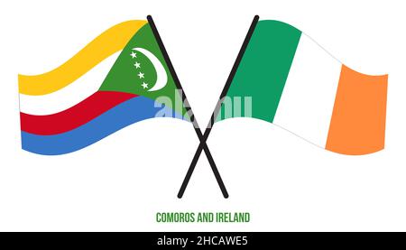 Comores et Irlande drapeaux croisés et ondulant style plat. Proportion officielle. Corriger les couleurs. Illustration de Vecteur