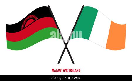 Malawi et Irlande drapeaux croisés et ondulant le style plat. Proportion officielle. Corriger les couleurs. Illustration de Vecteur
