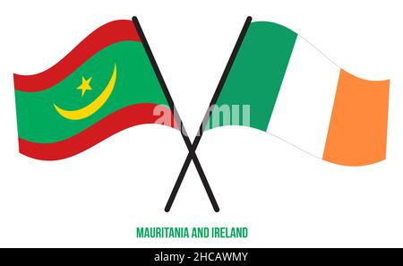 Mauritanie et Irlande drapeaux croisés et agitant le style plat. Proportion officielle. Corriger les couleurs. Illustration de Vecteur