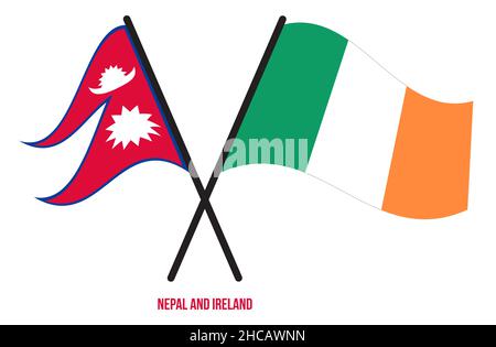 Nepal et Irlande drapeaux croisés et ondulant le style plat. Proportion officielle. Corriger les couleurs. Illustration de Vecteur