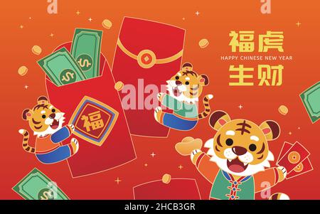 2022 CNY année de la carte Tiger.Illustration des tigres recevant une enveloppe rouge attachée avec une bénédiction écrite de couplet pendant le Festival de printemps.Transl Illustration de Vecteur