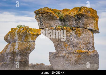 Vue sur les célèbres monolithes de l'île Quarry, dans le parc national de l'Archipel-de-Mingan, dans la région de la Côte-Nord au Québec, Canada Banque D'Images