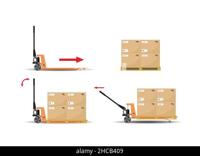 Ensemble d'images vectorielles de l'utilisation d'un transpalette manuel hydraulique.Équipement de stockage.Illustration vectorielle plate. Illustration de Vecteur