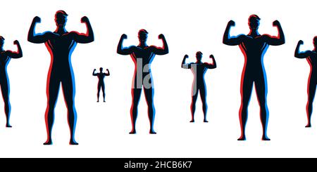 Hommes forts de bodybuilders debout et posant avec les bras vers le haut, sur un fond blanc horizontal.Groupe d'illustration de vecteur de silhouette énergique, musclé et sain. Illustration de Vecteur