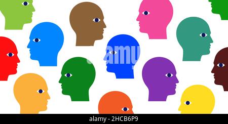 Illustration vectorielle du concept de structure de la société civile, avec des têtes d'hommes colorées dispersées sur un fond blanc. Illustration de Vecteur