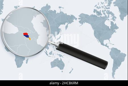 Carte du monde centrée sur l'Asie avec un verre agrandi sur l'Arménie.Concentrez-vous sur la carte de l'Arménie sur la carte du monde centrée sur le Pacifique.Illustration vectorielle. Illustration de Vecteur