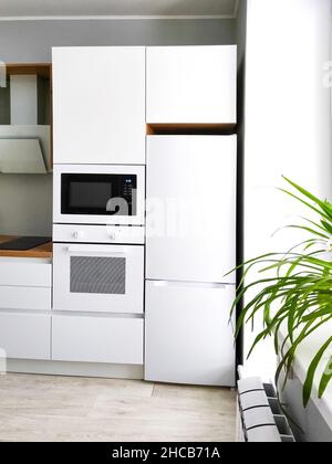 Cuisine blanche intérieure scandinave avec réfrigérateur, four et four à micro-ondes. Banque D'Images