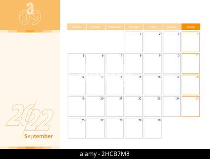 Agenda horizontal pour septembre 2022 dans le jeu de couleurs orange.La semaine commence le lundi.Un calendrier mural de style minimaliste.Calendrier vectoriel 20 Illustration de Vecteur