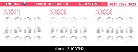 Calendrier vectoriel de 2021, 2022 et 2023 ans en langue slovène, la semaine commence le dimanche.Calendrier vectoriel. Illustration de Vecteur