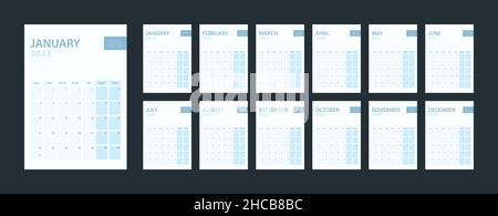 Calendrier vertical 2022, ensemble de 12 pages de calendrier 2022.Planificateur vectoriel. Illustration de Vecteur
