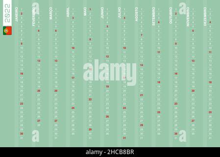 Calendrier vertical d'une rangée pour l'année 2022 en portugais.Calendrier portugais pour 2022 avec les dimanches en surbrillance.Illustration vectorielle. Illustration de Vecteur
