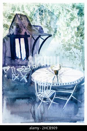 paysage vertical avec table ronde extérieure dans le jardin près de la maison de campagne en soirée d'été dessiné à la main par des aquarelles sur papier blanc texturé Banque D'Images