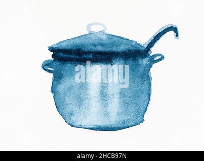 dessin d'une casserole avec louche recouverte d'un couvercle dessiné par aquarelle sur papier blanc texturé Banque D'Images