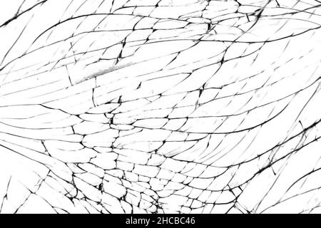 La texture fissurée d'un écran cassé d'un smartphone ou d'une tablette.Fond de verre cassé sur blanc Banque D'Images