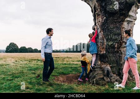 Parents regardant des filles jouer sur un arbre dans le parc Banque D'Images