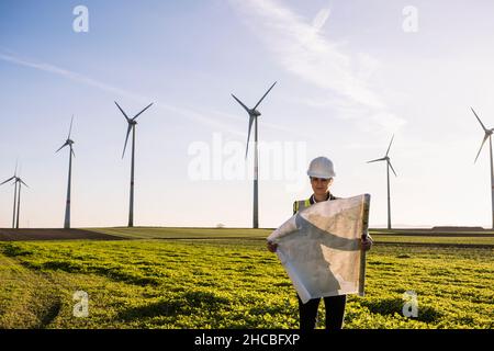 Ingénieur travaillant sur la stratégie au parc éolien Banque D'Images