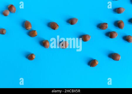 Boîte de noisettes sur table en pierre, platines sur fond bleu Banque D'Images