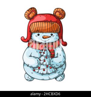 Bonhomme de neige de Noël mignon avec arbre de Noël en forme de caniche.Illustration vectorielle.Noël, personnage du nouvel an. Illustration de Vecteur