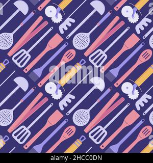 Motif sans couture avec appareils de cuisine pour la cuisson, louches, spatules, cuillères et pinces sur fond violet.Illustration vectorielle Illustration de Vecteur