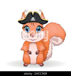 Pirate d'écureuil, personnage de dessin animé du jeu, animal sauvage dans un bandana et chapeau à tête de cocon avec un crâne, avec un timbre oculaire.Caractère avec des yeux lumineux Illustration de Vecteur