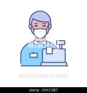 Portez un masque au travail - icône moderne de style de ligne colorée sur fond blanc.Image nette et détaillée du caissier avec protection respiratoire de base agai Illustration de Vecteur