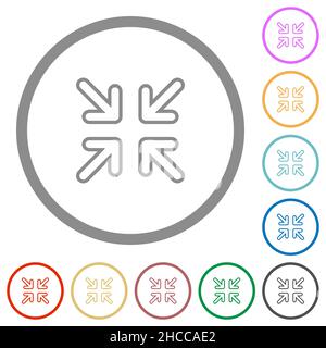 Les flèches minimisent les icônes de couleur plate dans des contours ronds sur fond blanc Illustration de Vecteur