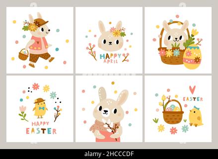 Cartes de lapins de Pâques.Mignon lapin de dessin animé et personnages de petits poussins, œufs de vacances à motifs avec des chasseurs, animaux de bébé drôles et oiseaux festifs Illustration de Vecteur