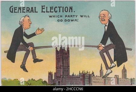 'Élection générale. Quel parti fera le pas ?": Élection générale du Royaume-Uni en 1910. La caricature montre le chef du Parti libéral H.H. Asquith et le chef du Parti conservateur Arthur Balfour sur une balançoire de mer se sont équilibrés sur les tours de Big Ben aux chambres du Parlement. Il s'agissait d'une série de caricatures politiques publiées sous forme de cartes postales Banque D'Images