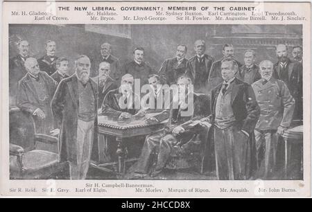 'Le nouveau gouvernement libéral : membres du Cabinet': Illustration montrant les ministres du Cabinet dans l'administration du Parti libéral de 1906 - H.H.Asquith, Sir Henry Campbell-Bannerman, David Lloyd George, Herbert Gladstone, Sydney Buxton,John Burns, le comte de Crewe, Richard Haldane, James Bryce, Sir Henry Fowler, Earl Carrington,Augustine Birrell, Lord Tweedmouth, John Sinclair, sir Robert Reid, sir Edward Gray,Le comte d'Elgin, John Morley et le marquis de Ripon Banque D'Images