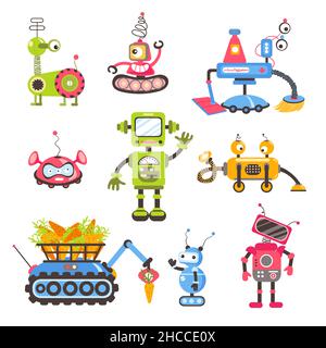 Robots pour enfants.Jouets mécaniques colorés amusants pour bébés, personnages de cyborgs futuristes électroniques, mascottes android, style de dessin animé différents bots enfantiles Illustration de Vecteur