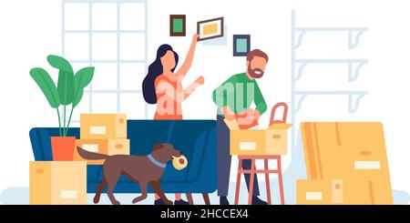 Couple emballage des choses de la maison dans des boîtes en carton.Concept de déplacement Illustration de Vecteur