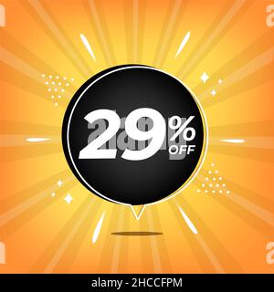 29 % de réduction.Bannière jaune avec vingt-neuf pour cent de réduction sur un ballon noir pour les méga ventes importantes. Illustration de Vecteur