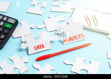 Légende présentant les analystes de données.Le mot écrit sur Programmer conception et création de rapport identifie des motifs construire une scie sauteuse blanche non finie Banque D'Images