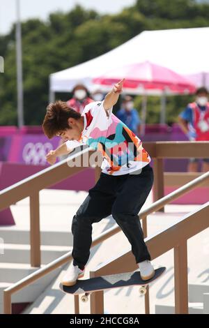 25th JUILLET 2021 - TOKYO, JAPON: HORIGOME Yuto du Japon en action pendant la finale de la rue masculine de Skateboarding aux Jeux Olympiques de Tokyo 2020 (photo par Banque D'Images