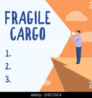 Légende conceptuelle fragile Cargo.Concept signification poignée sécable avec soin film à bulles verre marchandises dangereuses homme d'affaires dessin debout à Cliff Banque D'Images