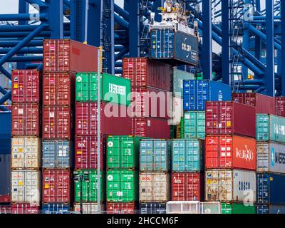 Congestion des conteneurs dans les ports du Royaume-Uni - des conteneurs d'expédition empilés attendent la collecte ou le transit ultérieur au port de Felixstowe. Banque D'Images