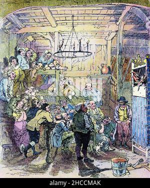 Demi-ton coloré d'un spectacle Punch and Judy à l'auberge, une scène d'un livre de l'époque victorienne de Charles Dickens, publié vers 1908 Banque D'Images