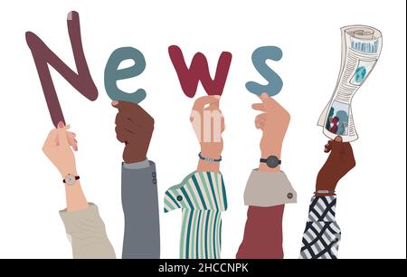 Bannière avec des armes élevées de personnes multiculturelles tenant un journal enroulé et des lettres formant le texte -nouvelles- concept de communication.Social Illustration de Vecteur