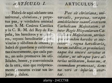 Traité de Vienne (1725).Traité de paix entre le roi Philippe V et Charles VI, empereur romain.Conclu à Vienne le 30 avril 1725 et ratifié par Philip V à San Ildefonso le 26 mai de cette année.Philip V a signé le traité par l'intermédiaire du baron de Ripperdá.Par ce traité, Charles VI (archiduc Charles) a renoncé à ses revendications à la Couronne d'Espagne, reconnaissant Philippe V comme monarque.L'Espagne, pour sa part, reconnaissait la souveraineté autrichienne sur les anciens pays-Bas espagnols et les territoires de Milan, Naples et Sicile.Article I. Recueil des traités de paix, d'alliance et de commerce ajusté par le C Banque D'Images