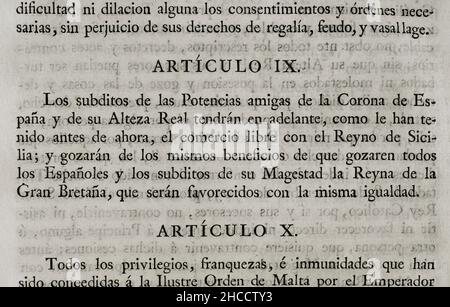 Traité de paix, d'alliance et d'amitié conclu entre le roi Philippe V d'Espagne et le duc de Savoie, par lequel l'île et le royaume de Sicile ont été cédés au duc.Philip V assure pour sa maison la succession à la Couronne d'Espagne et aux Indes.Conclu au Congrès d'Utrecht le 13 juillet 1713 et ratifié à Madrid le 4 août de la même année.Article IX (la Grande-Bretagne gagne des avantages économiques qui font cesser le monopole commercial de l'Espagne avec ses colonies).Recueil des traités de paix, d'alliance, de commerce ajusté par la Couronne d'Espagne avec les puissances étrangères (Colección de los Tratados Banque D'Images