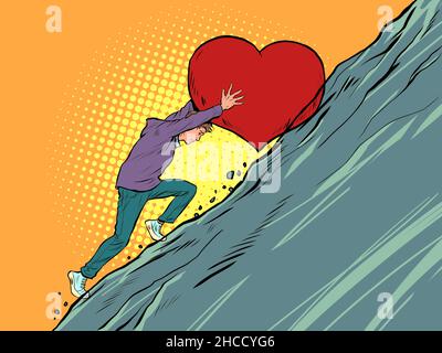 travail de sisyphean un amant croit en l'amour, roule un coeur de valentines en haut de la montagne Illustration de Vecteur