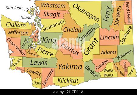 Carte administrative à vecteur pastel de l'État fédéral de Washington, États-Unis avec des frontières noires et des étiquettes de nom de ses comtés Illustration de Vecteur