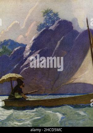 La légende de cette image de NC Wyeth qui accompagne l'histoire de Robinson Crusoe par Daniel Devoe se lit comme suit: " et donc, je suis tous de temps en temps et ensuite pris un petit voyage sur la mer."Robinson Crusoe est un roman écrit par le romancier anglais Daniel Devoe et publié en 1719.Autobiographie fictive, elle raconte l'histoire d'une castaway anglaise nommée Robinson Crusoe (vue ici en remportant les tiges – avec une compagnie d'oiseaux) qui a passé 28 ans sur une île tropicale éloignée près du Venezuela avant d'être secouru.Newell Convers Wyeth, connu sous le nom de N. C. Wyeth, était un artiste et illustrateur américain.Il était le pu Banque D'Images