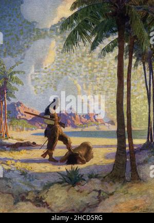 La légende de cette image de NC Wyeth qui accompagne l'histoire de Robinson Crusoe par Daniel Degoe se lit comme suit : " et puis il s'est à nouveau agenouillé, a embrassé le sol, et m'a pris par le pied, a mis mon pied sur sa tête."Robinson Crusoe est un roman écrit par le romancier anglais Daniel Devoe et publié en 1719.Une autobiographie fictive, elle raconte l'histoire d'une castaway anglaise nommée Robinson Crusoe (vu ici avec vendredi) qui a passé 28 ans sur une île tropicale éloignée près du Venezuela avant d'être sauvé.Newell Convers Wyeth, connu sous le nom de N. C. Wyeth, était un artiste et illustrateur américain.Il W Banque D'Images