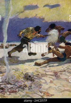 La légende de cette image de NC Wyeth qui accompagne l'histoire de Robinson Crusoe de Daniel Devoe se lit comme suit : « et il n'avait pas plus tôt les bras entre ses mains, mais comme s'ils avaient mis une nouvelle vigueur en lui, il a survolé les meurtriers comme une fureur ».Robinson Crusoe est un roman écrit par le romancier anglais Daniel Devoe et publié en 1719.Autobiographie fictive, elle raconte l’histoire d’une castaway anglaise nommée Robinson Crusoe (vue ici aux combats avec des « cannibales ») qui a passé 28 ans sur une île tropicale éloignée près du Venezuela avant d’être sauvé.Newell Convers Wyeth, connu sous le nom de N. C. Wyeth, était un Am Banque D'Images